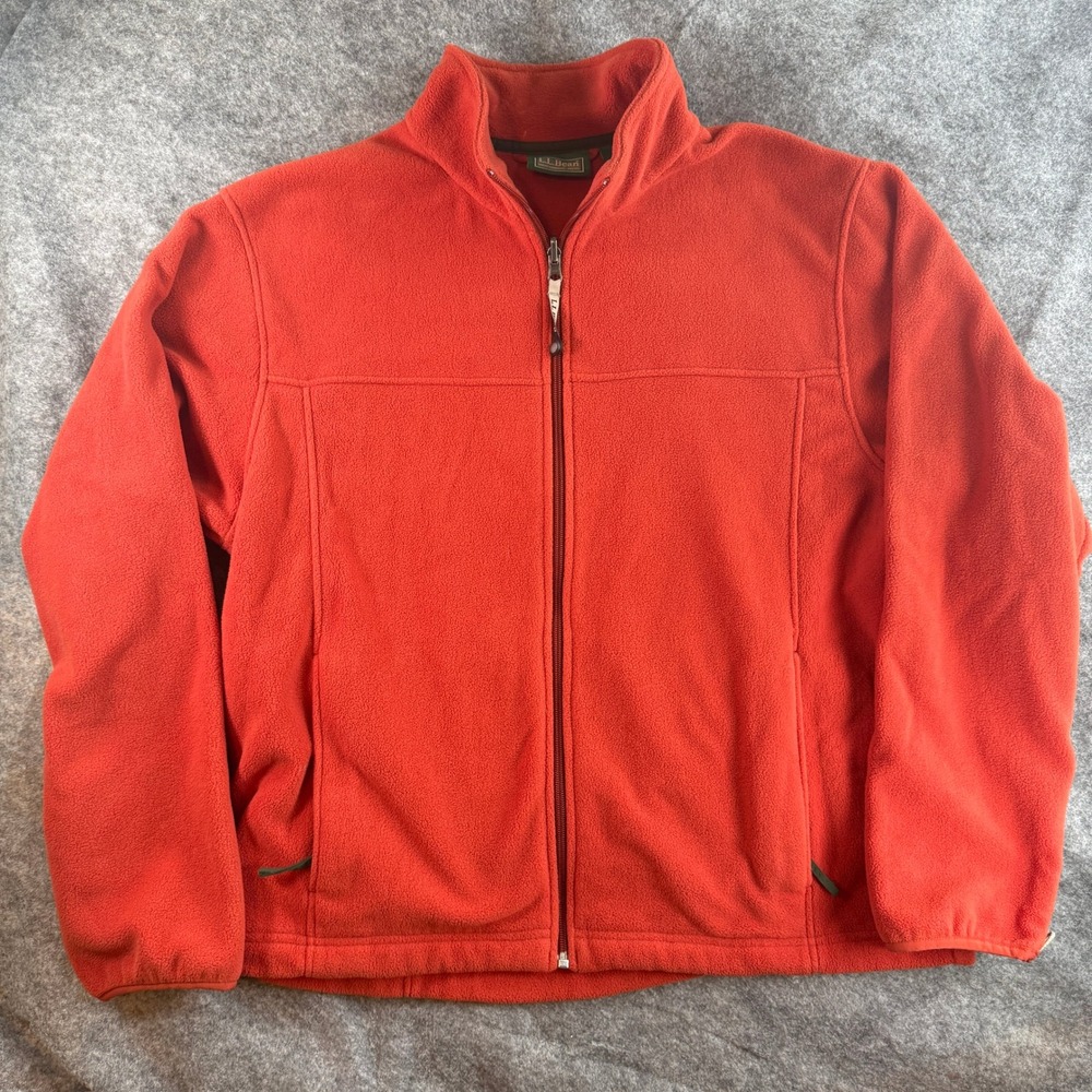 LL Bean Fleece Jacket Mens Large Burnt Orange Full Zip Mock Neck Outdoor